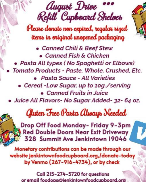 August food drive flyer for the Jenkintown Food Cupboard