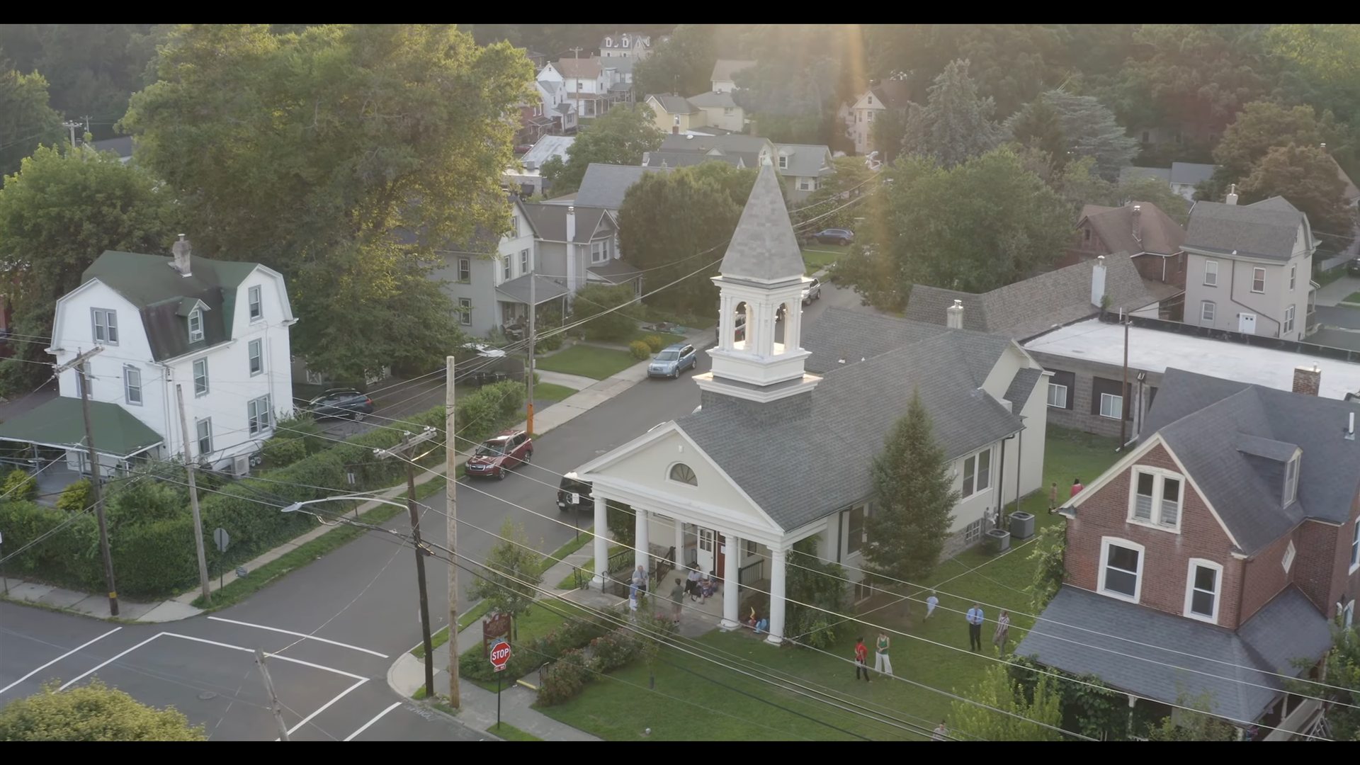 Aerial view of Elkins Park Reformed Presbyterian Church and the surrounding neighborhood